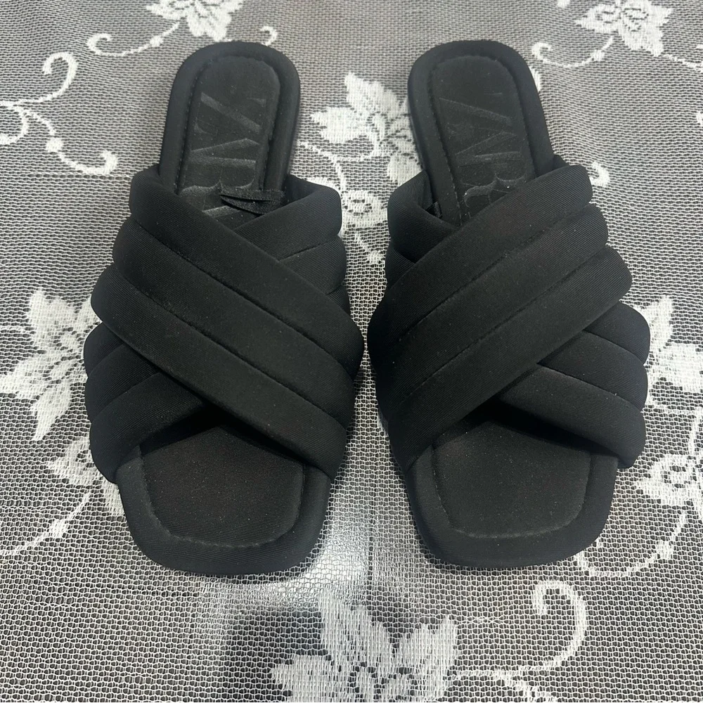 Zara Quilted Black Slides Sz 37 - Picture 2 of 7
